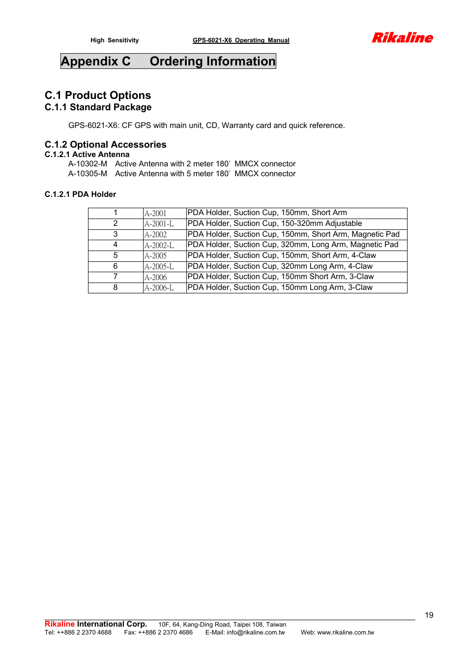 Rikaline, Appendix c ordering information, C.1 product options | Rikaline CF GPS Receiver User Manual | Page 19 / 19