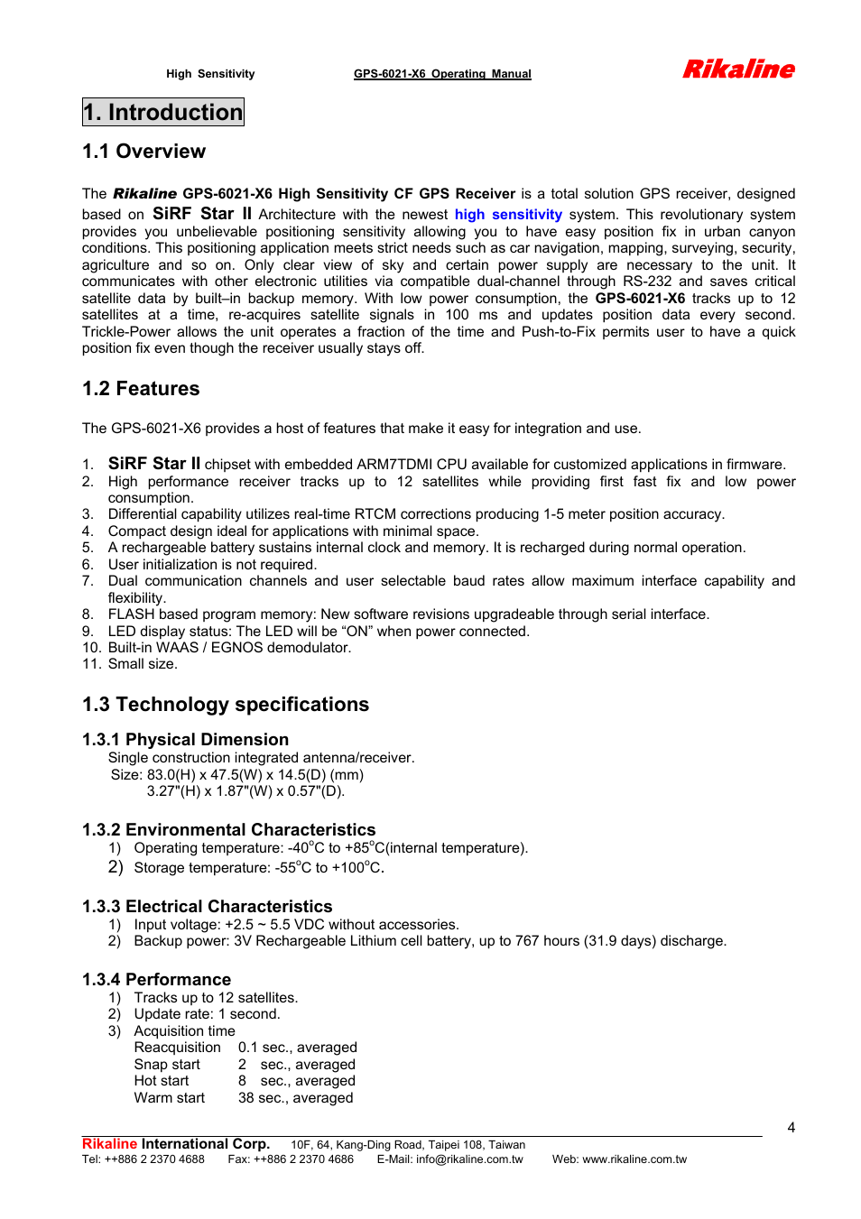 Rikaline, Introduction, 1 overview | 2 features, 3 technology specifications | Rikaline CF GPS Receiver User Manual | Page 4 / 19