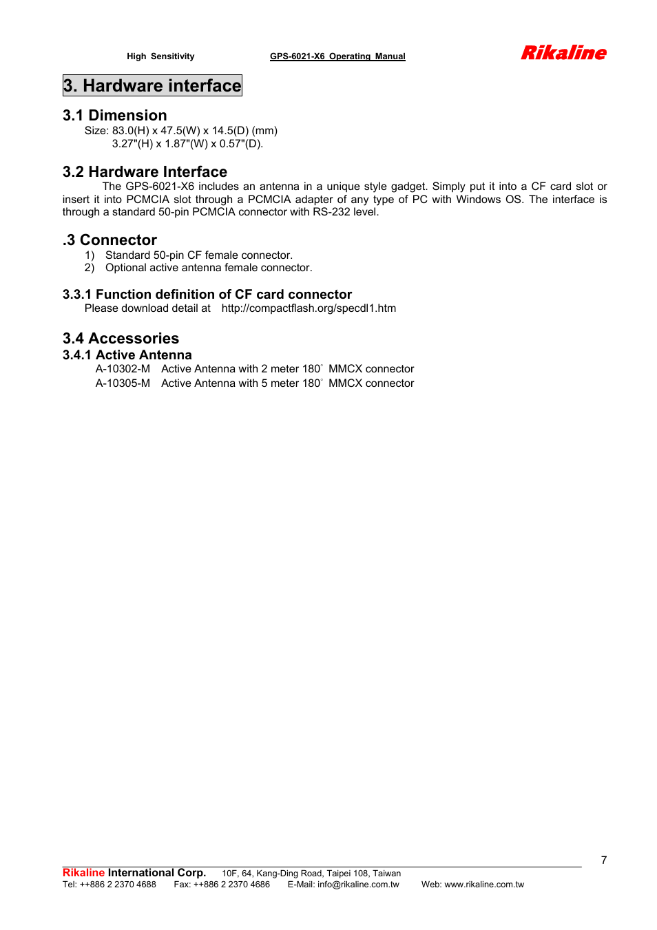 Rikaline, Hardware interface, 1 dimension | 2 hardware interface, 3 connector, 4 accessories | Rikaline CF GPS Receiver User Manual | Page 7 / 19