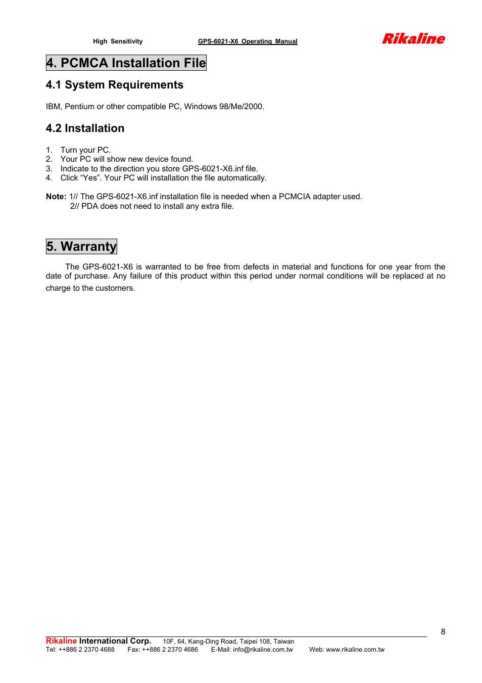 Rikaline, Pcmca installation file, Warranty | 1 system requirements, 2 installation | Rikaline CF GPS Receiver User Manual | Page 8 / 19