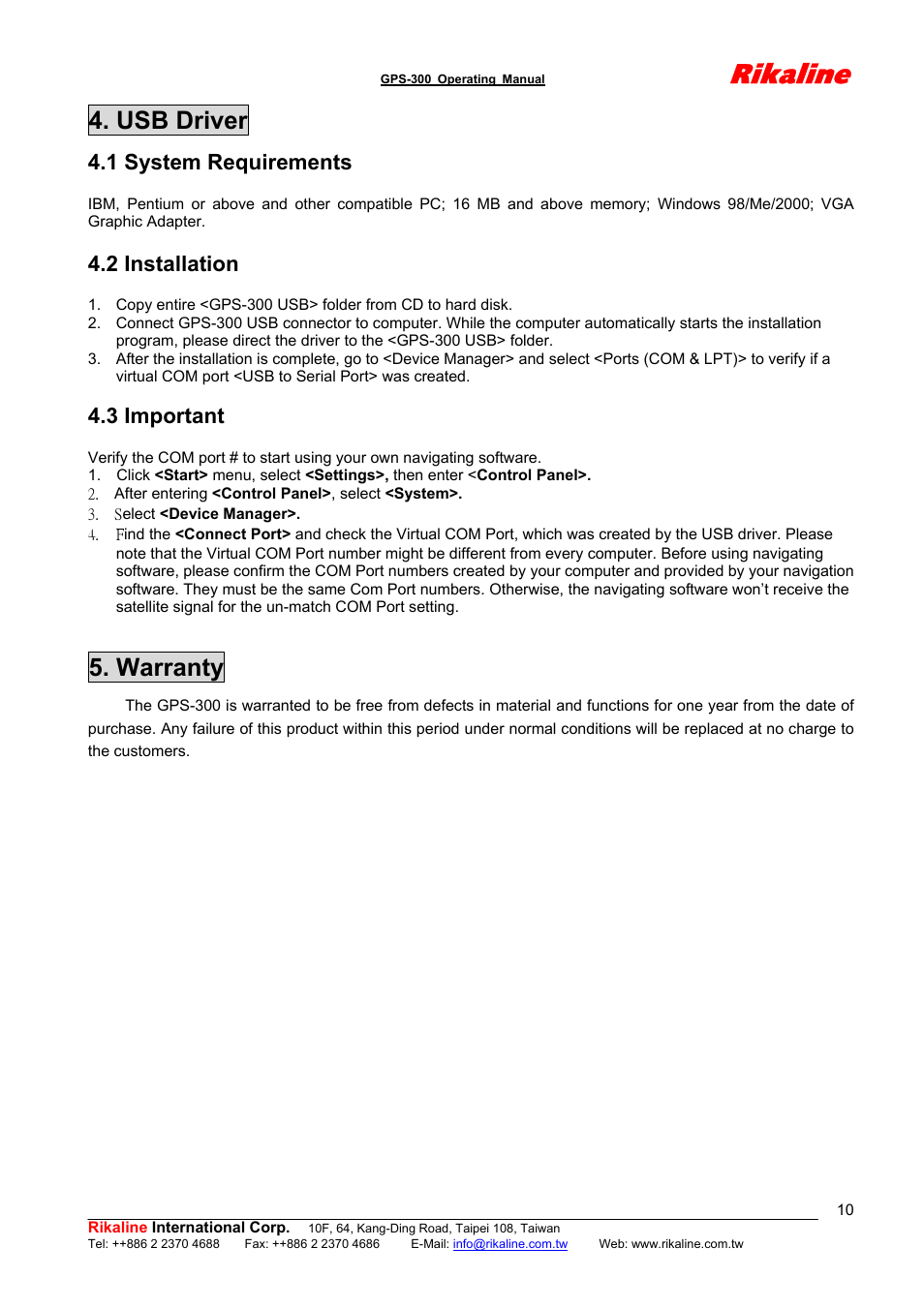 Rikaline, Usb driver, Warranty | 1 system requirements, 2 installation, 3 important | Rikaline GPS-300 User Manual | Page 10 / 17
