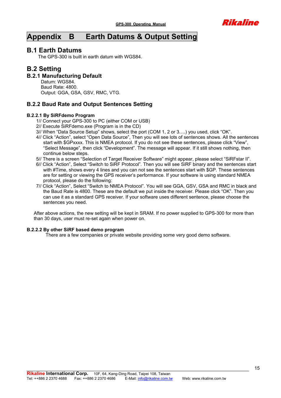 Rikaline, Appendix b earth datums & output setting, B.1 earth datums | B.2 setting | Rikaline GPS-300 User Manual | Page 15 / 17