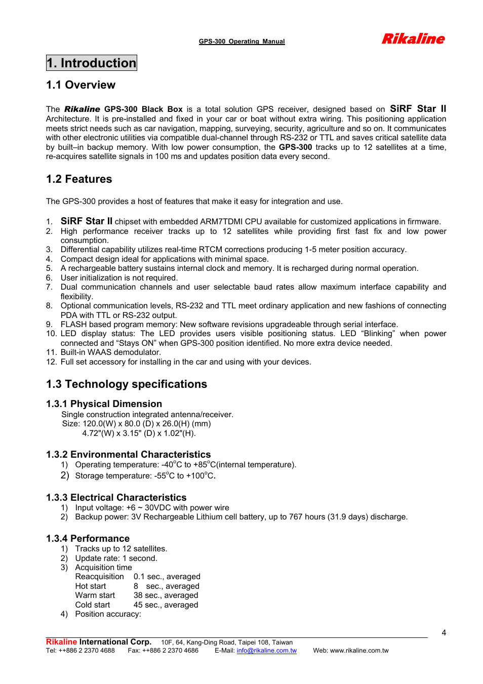 Rikaline, Introduction, 1 overview | 2 features, 3 technology specifications | Rikaline GPS-300 User Manual | Page 4 / 17