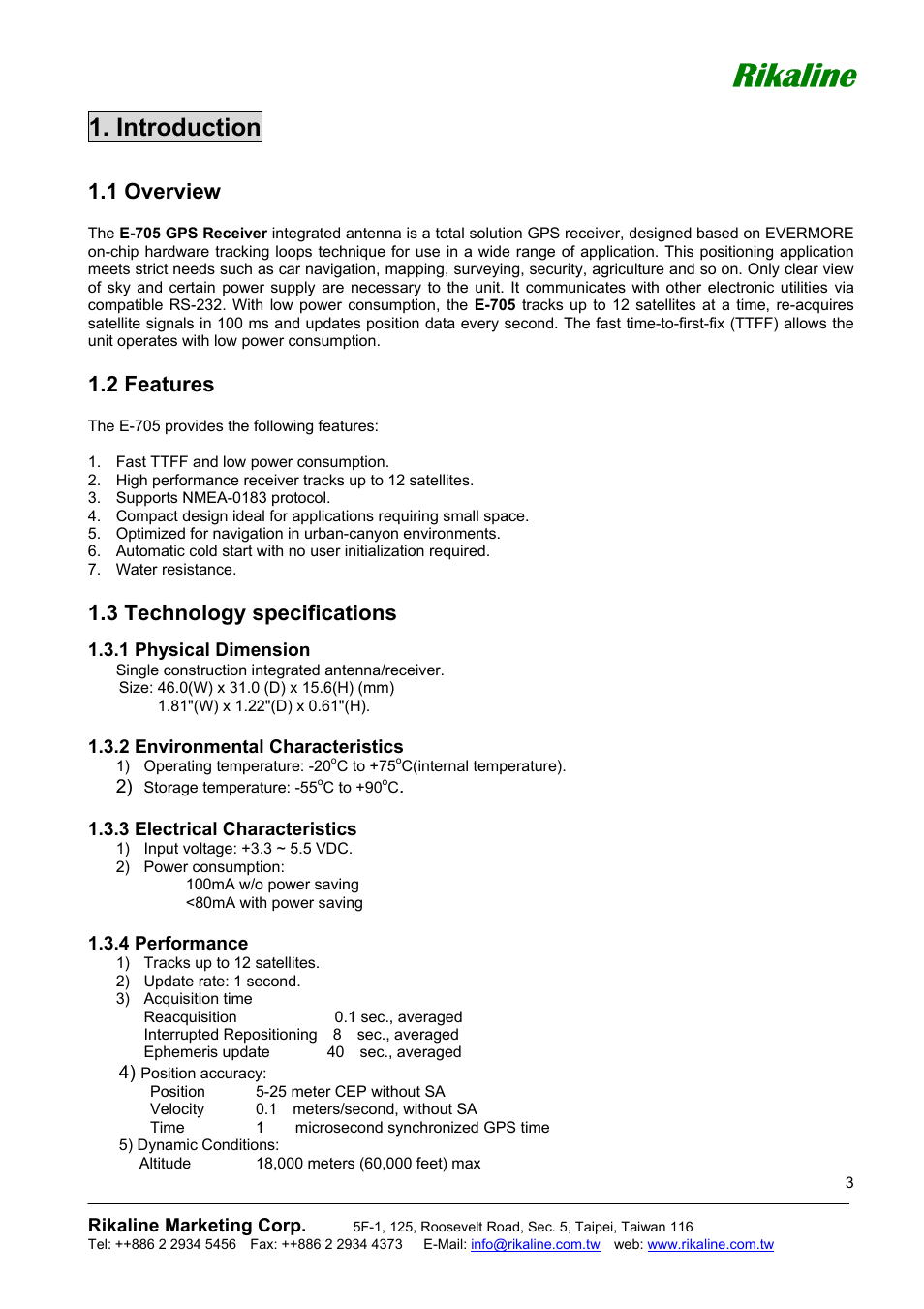 Rikaline, Introduction, 1 overview | 2 features, 3 technology specifications | Rikaline E-705 User Manual | Page 3 / 14