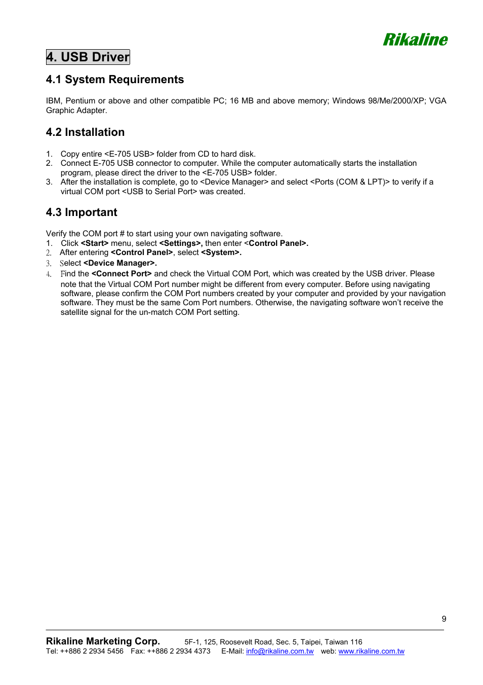 Rikaline, Usb driver, 1 system requirements | 2 installation, 3 important | Rikaline E-705 User Manual | Page 9 / 14