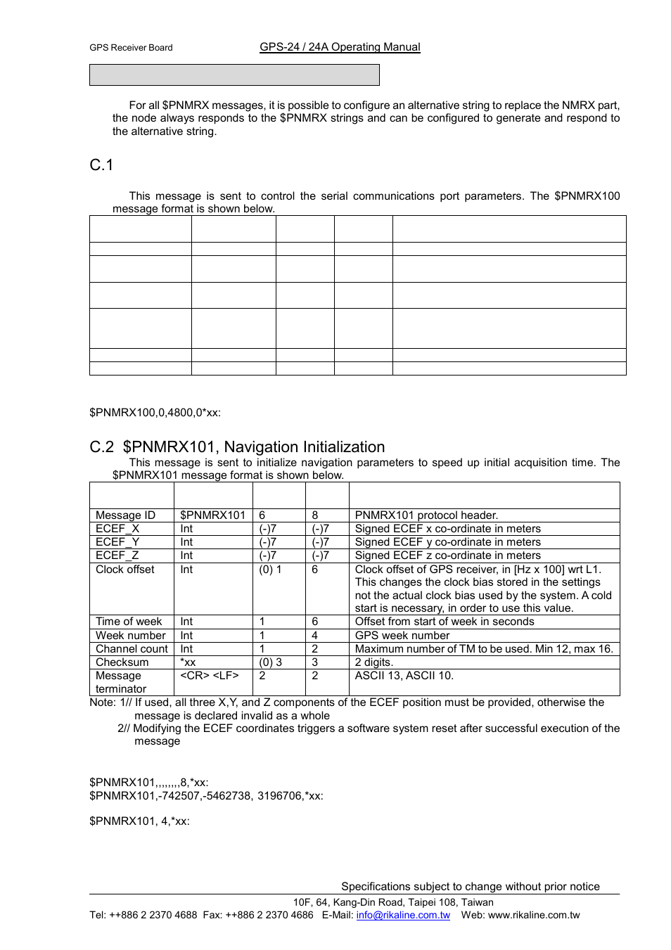 Rikaline, Appendix c developer’s setting, C.1 $pnmrx100, set serial port mode | C.2 $pnmrx101, navigation initialization | Rikaline GPS-24 User Manual | Page 15 / 24