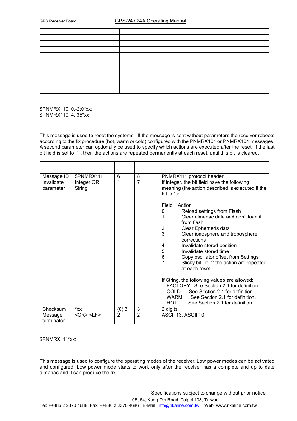 Rikaline, C.8 $pnmrx111, software reset, C.8 $pnmrx112, power mode control | Rikaline international corp | Rikaline GPS-24 User Manual | Page 19 / 24