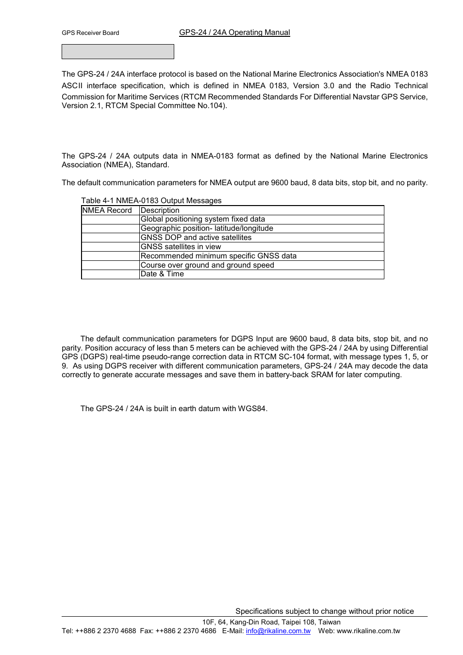 Rikaline, Software interface, 1 nmea transmitted messages | 2 rtcm received data, 3 earth datums | Rikaline GPS-24 User Manual | Page 8 / 24