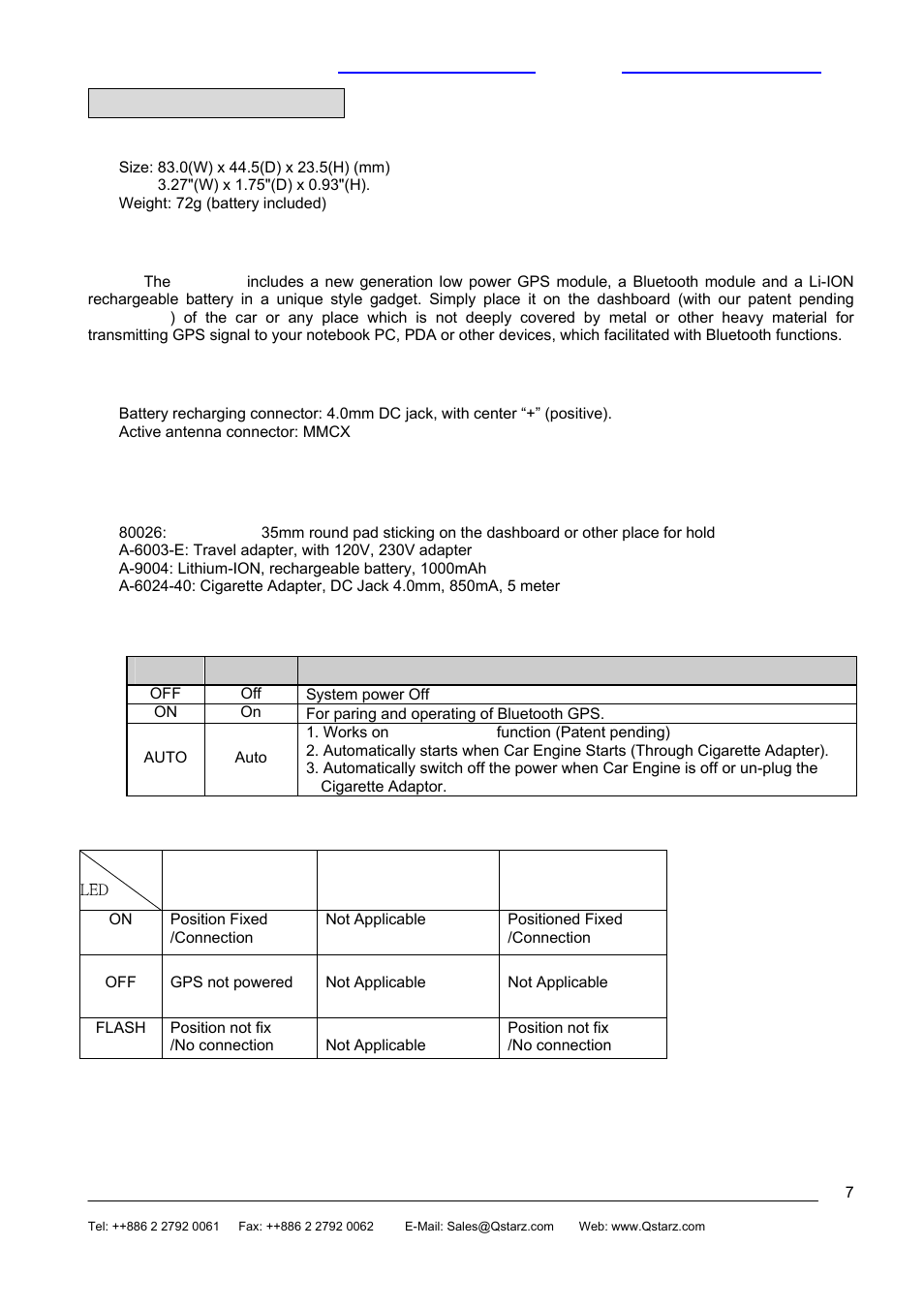 C. hardware interface, C.1 physical, C.2 hardware interface | C.3 connector, C.4 accessories, C.5 switch function, C.6 gps bt led status | Rikaline BT-Q880 User Manual | Page 7 / 19
