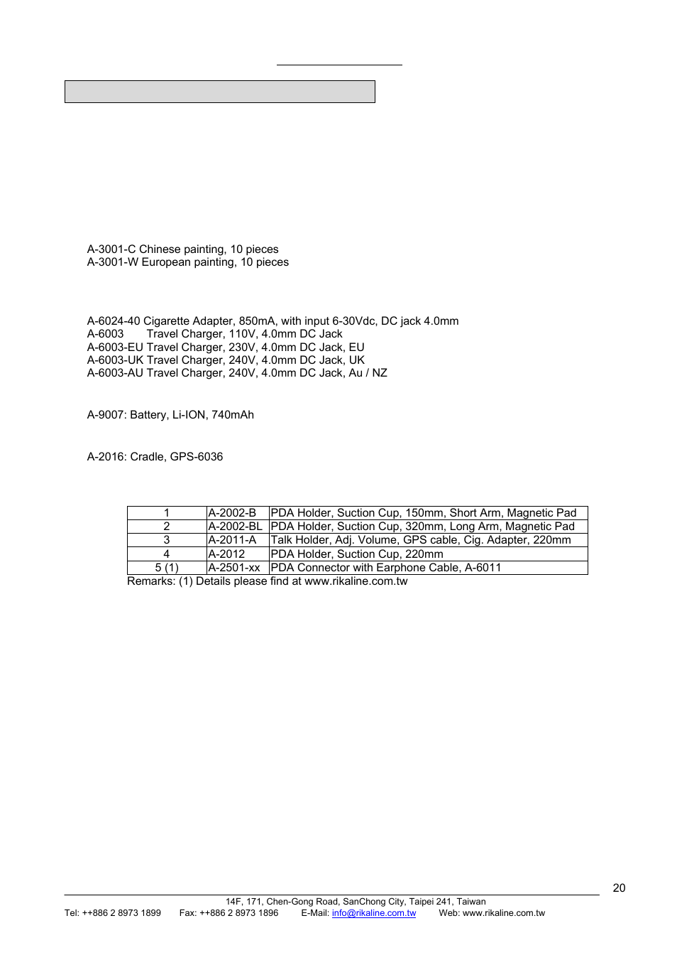 Rikaline, Appendix e ordering information, E.1 product options | E.2 accessories | Rikaline III User Manual | Page 20 / 20