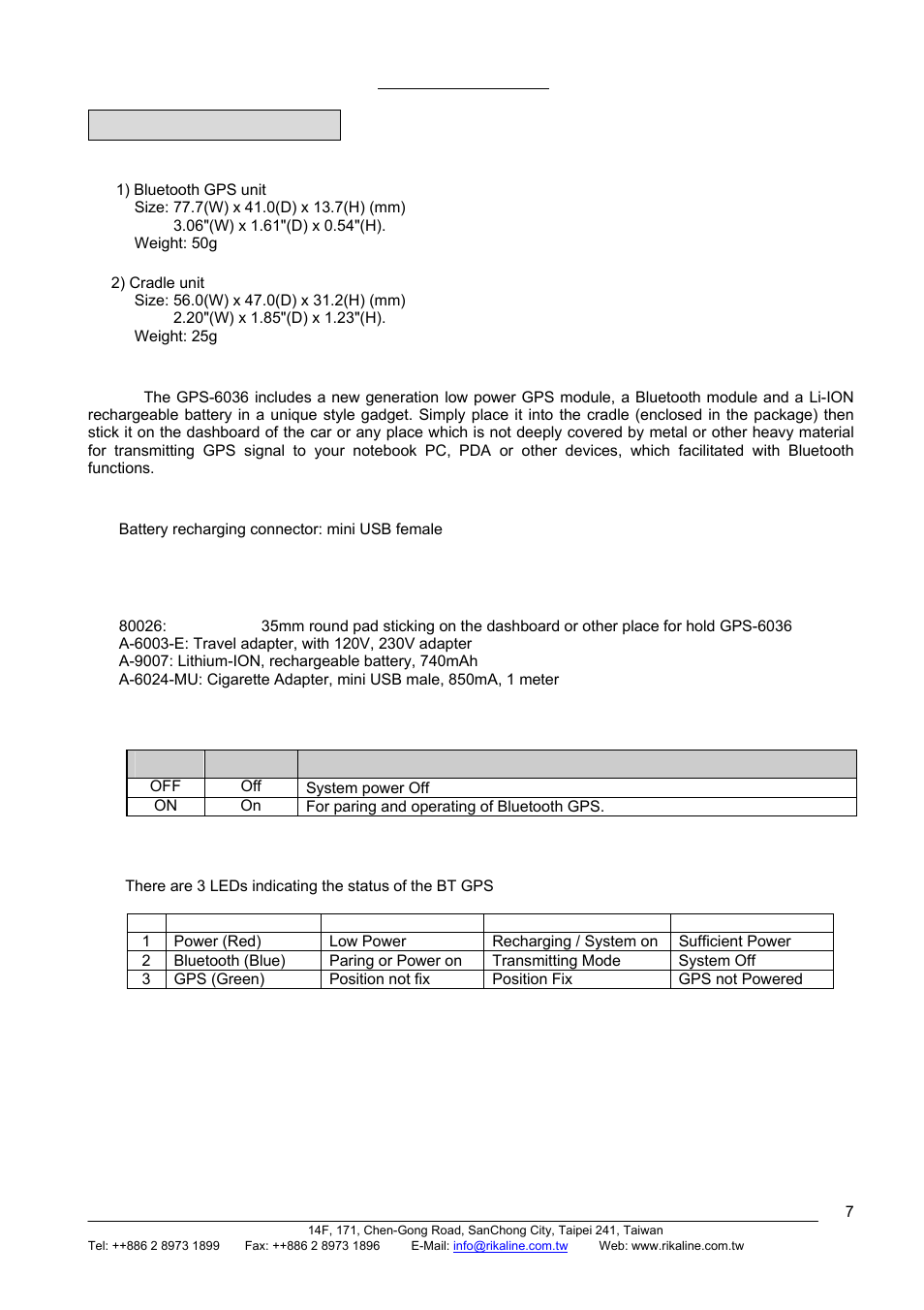 Rikaline, Hardware interface, 1 dimension | 2 hardware interface, 3 connector, 4 accessories, 5 switch function, 6 led indicator | Rikaline III User Manual | Page 7 / 20