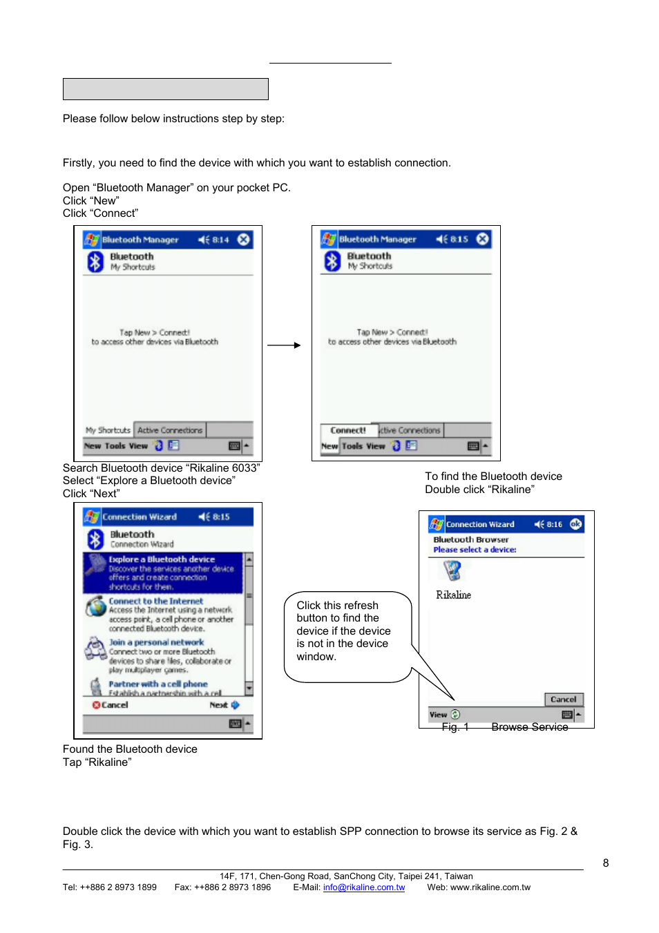 Rikaline, Bluetooth connection, 1 browse devices | 2 browse services | Rikaline III User Manual | Page 8 / 20
