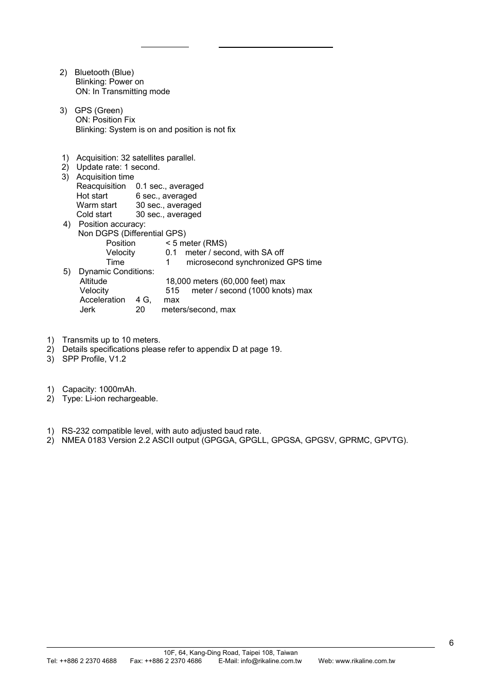 2 gps functions, 3 bluetooth functions, 4 battery | Rikaline | Rikaline GPS-6033 User Manual | Page 6 / 20