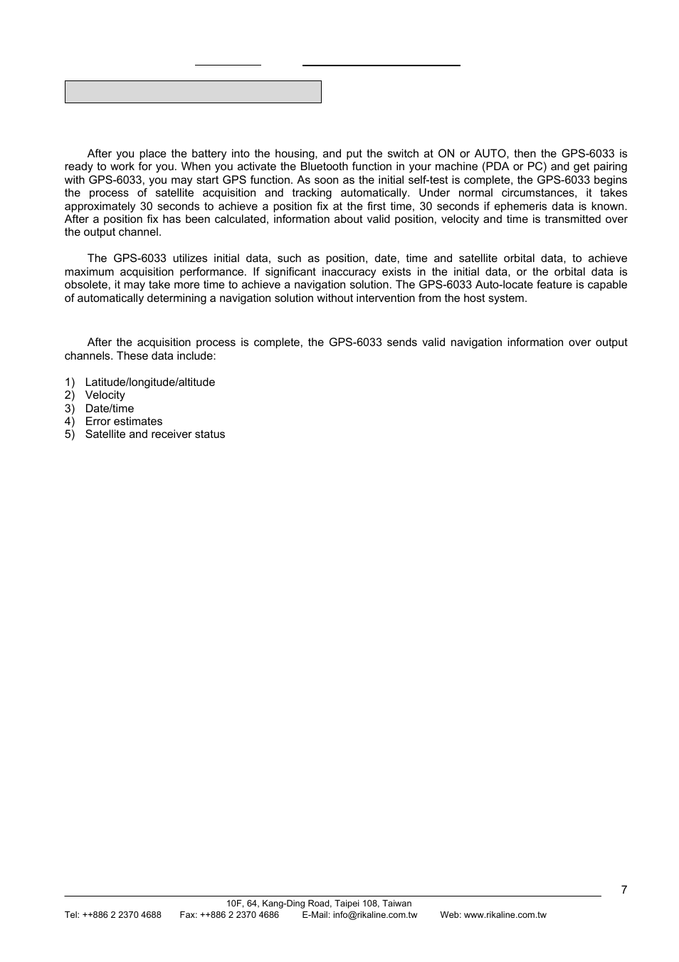 Operational characteristics, 1 initialization, 2 navigation | Rikaline | Rikaline GPS-6033 User Manual | Page 7 / 20