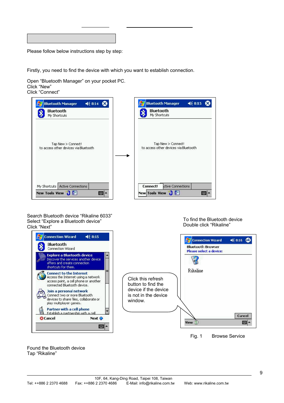 Bluetooth connection, Rikaline, 1 browse devices | Rikaline GPS-6033 User Manual | Page 9 / 20