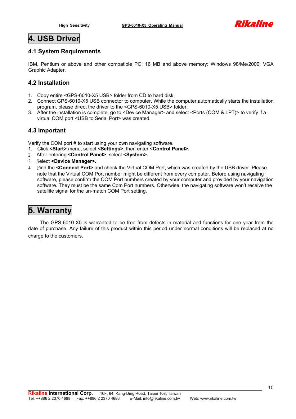 Rikaline, Usb driver, Warranty | Rikaline GPS-6010-X5 User Manual | Page 10 / 17