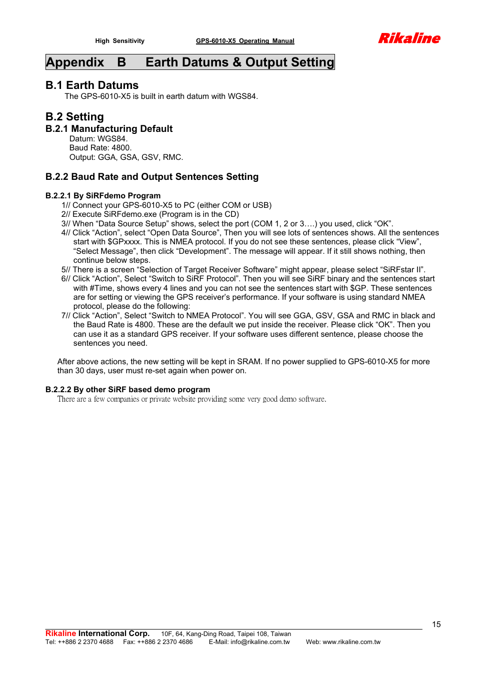 Rikaline, Appendix b earth datums & output setting, B.1 earth datums | B.2 setting | Rikaline GPS-6010-X5 User Manual | Page 15 / 17