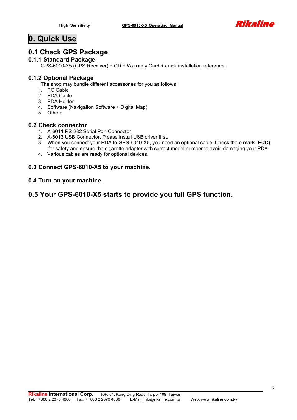 Rikaline, Quick use, 1 check gps package | Rikaline GPS-6010-X5 User Manual | Page 3 / 17