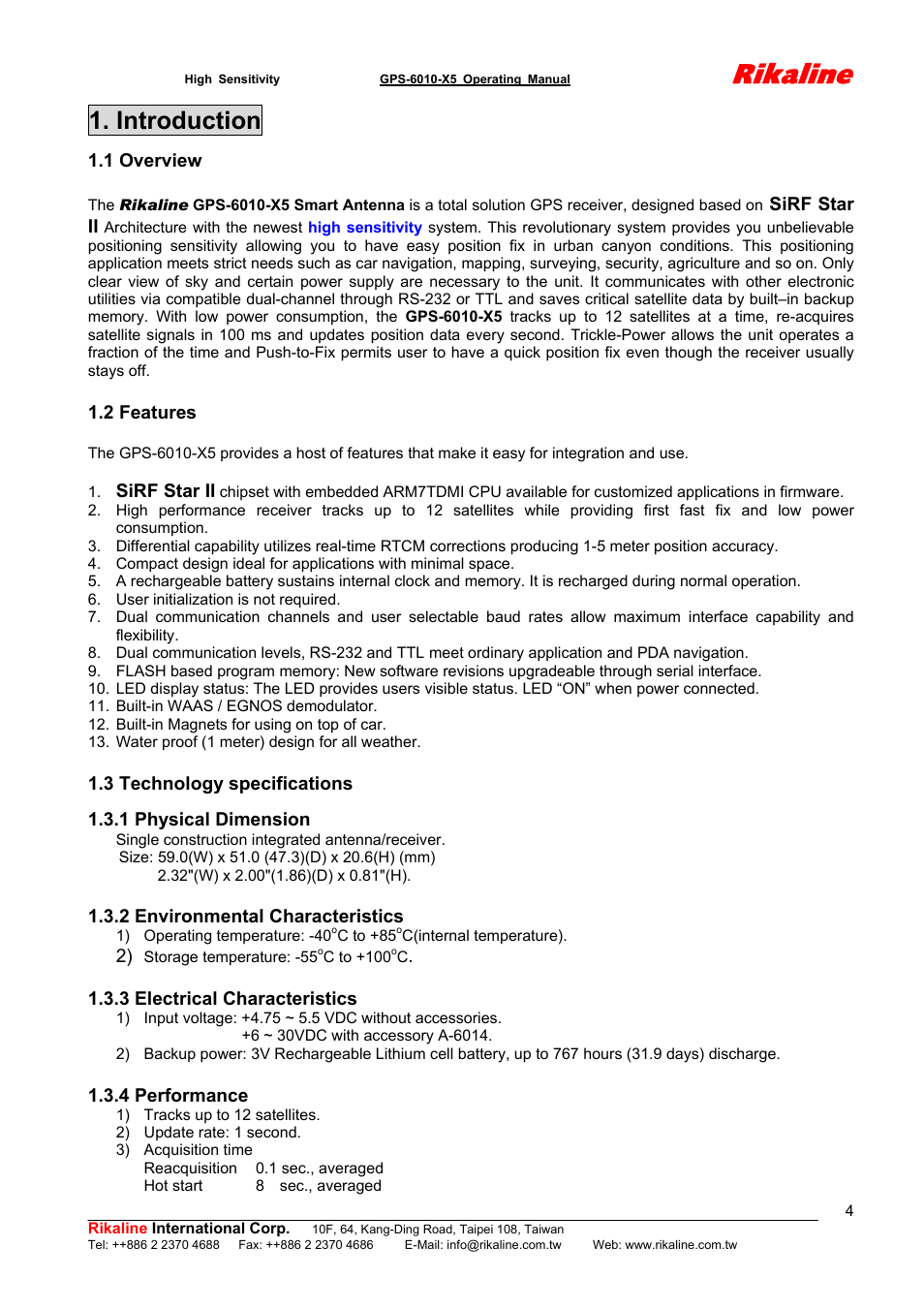 Rikaline, Introduction | Rikaline GPS-6010-X5 User Manual | Page 4 / 17