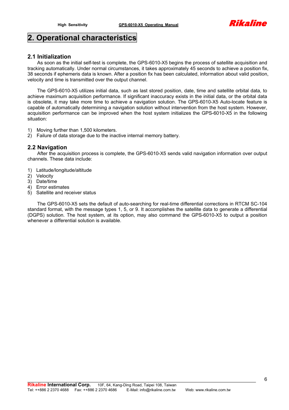 Rikaline, Operational characteristics | Rikaline GPS-6010-X5 User Manual | Page 6 / 17