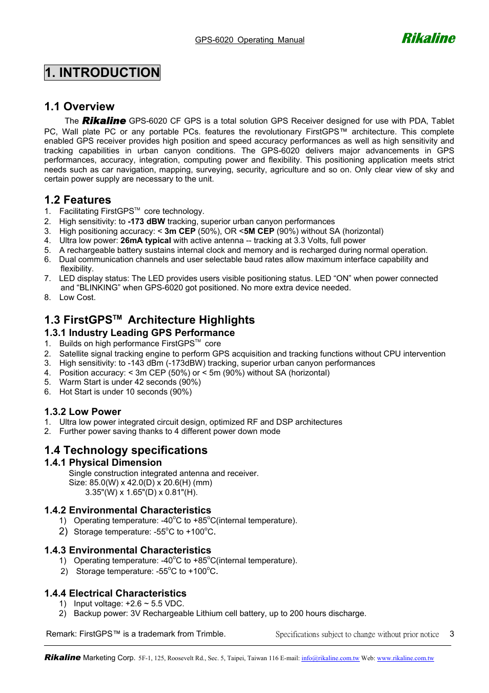 Rikaline, Introduction, 1 overview | 2 features, 3 firstgps, Architecture highlights, 4 technology specifications | Rikaline CF GPS GPS-6020 User Manual | Page 3 / 11