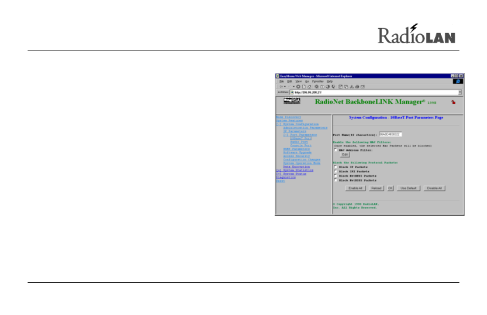 Setting up10baset port parameters | RadioLAN DockLINK User Manual | Page 40 / 118