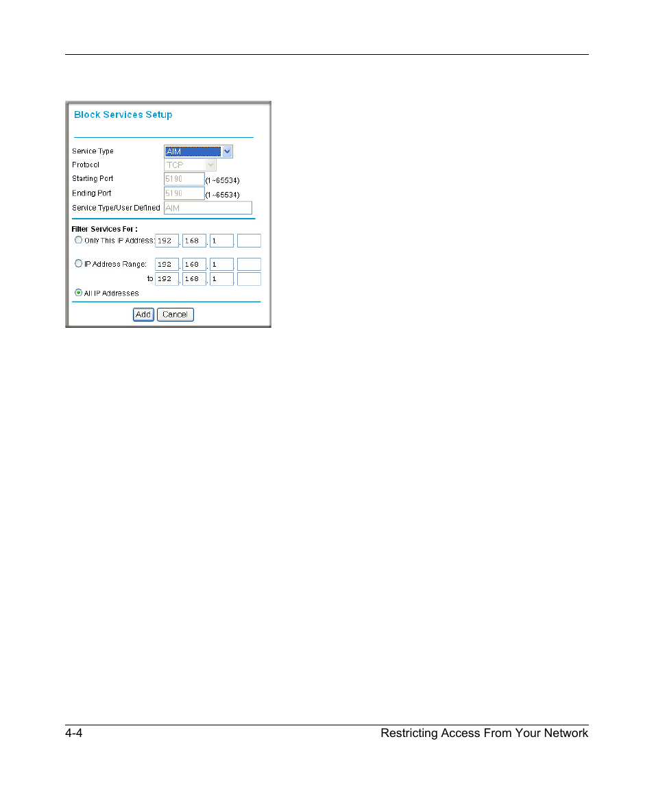 Configuring a user defined service, Blocking services by ip address range | RadioLAN WNR834B User Manual | Page 48 / 118