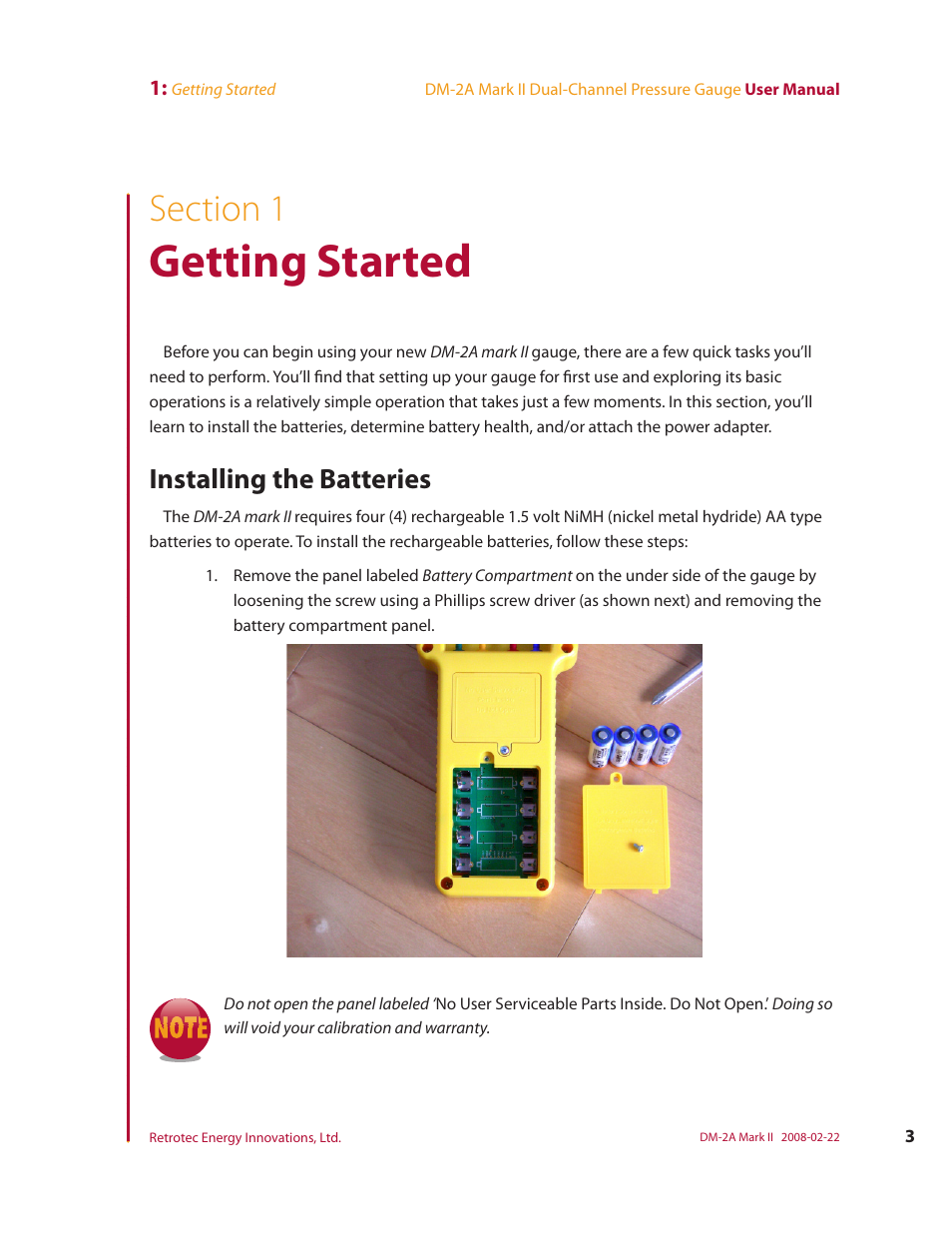 Section 1, Getting started, Installing the batteries | Retrotech DM-2A User Manual | Page 11 / 60