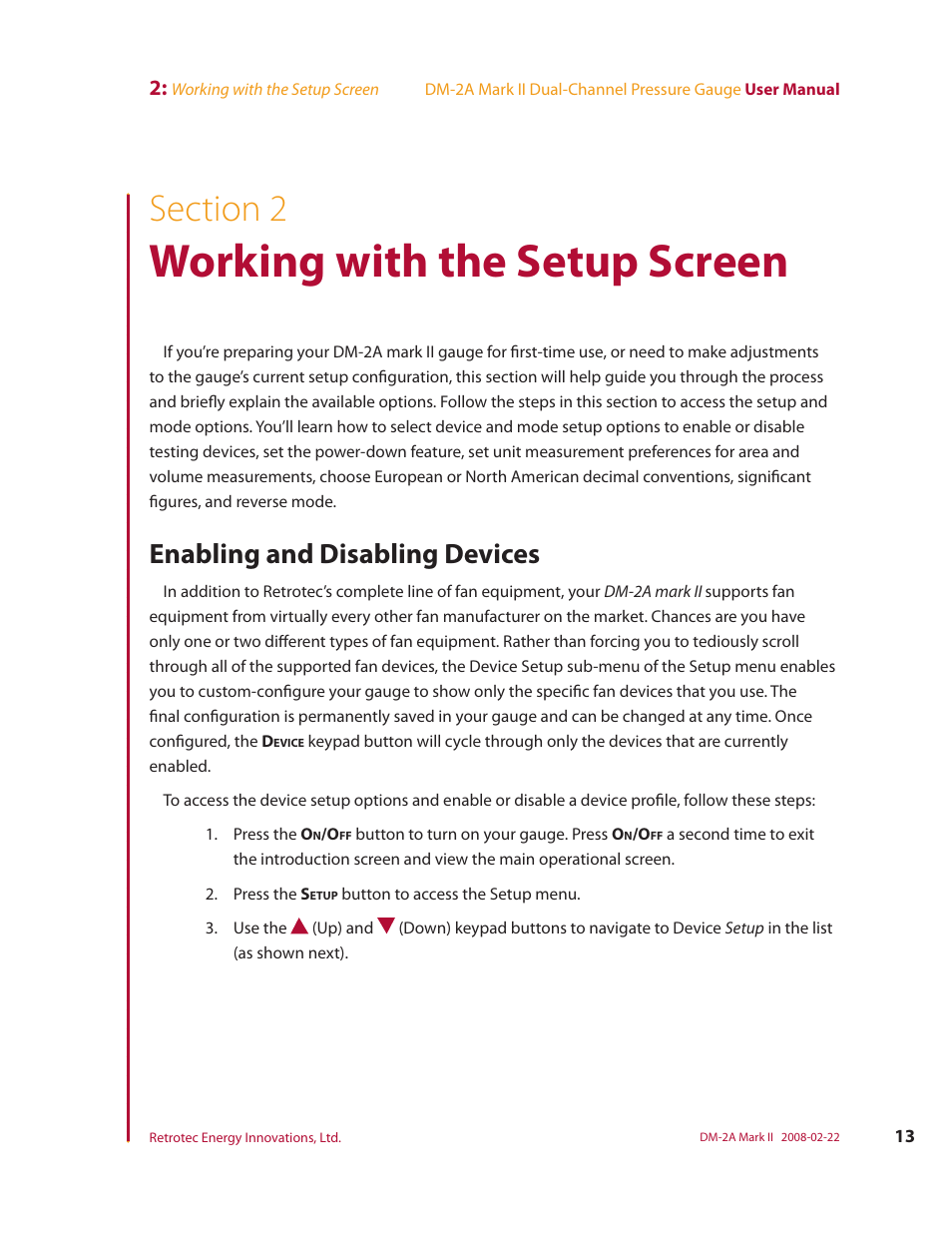 Section 2, Working with the setup screen, Enabling and disabling devices | Retrotech DM-2A User Manual | Page 21 / 60