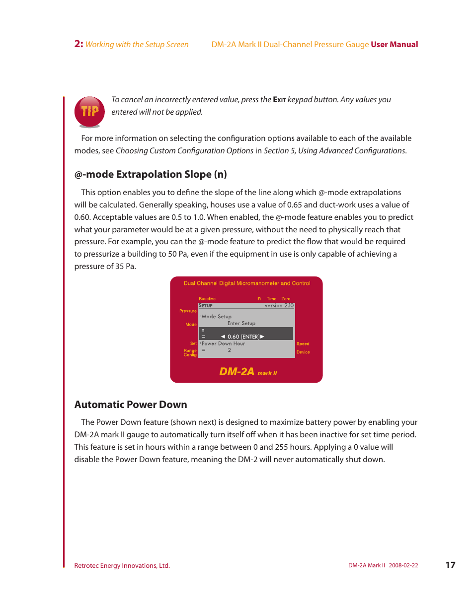 Mode extrapolation slope (n), Automatic power down | Retrotech DM-2A User Manual | Page 25 / 60