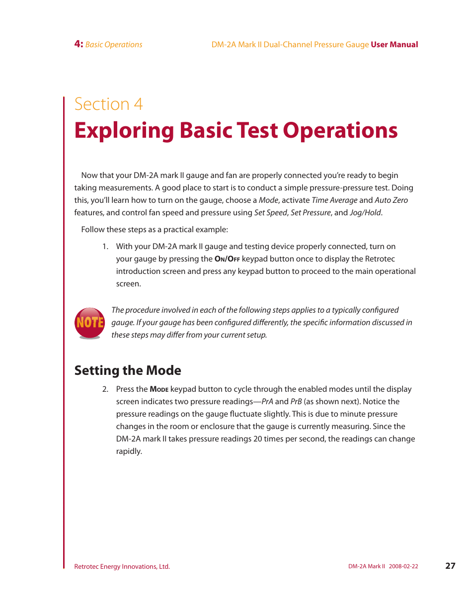 Section 4, Exploring basic test operations, Setting the mode | Retrotech DM-2A User Manual | Page 35 / 60