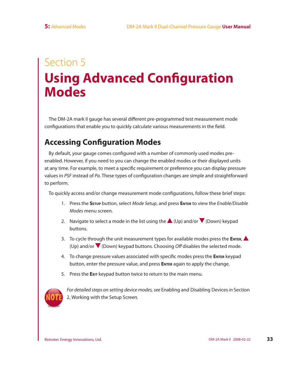Section 5, Using advanced configuration modes, Accessing configuration modes | Retrotech DM-2A User Manual | Page 41 / 60