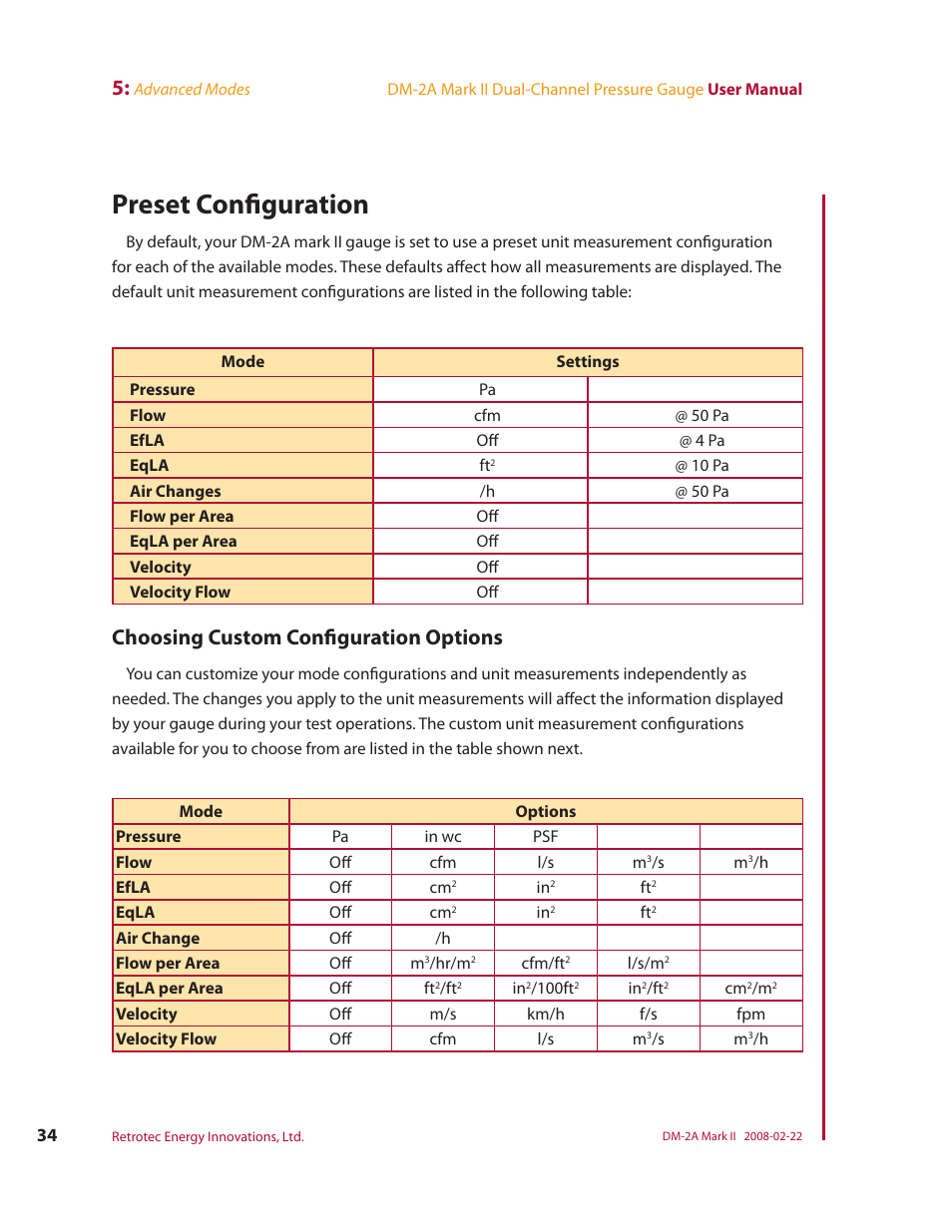 Preset configuration, Choosing custom configuration options | Retrotech DM-2A User Manual | Page 42 / 60
