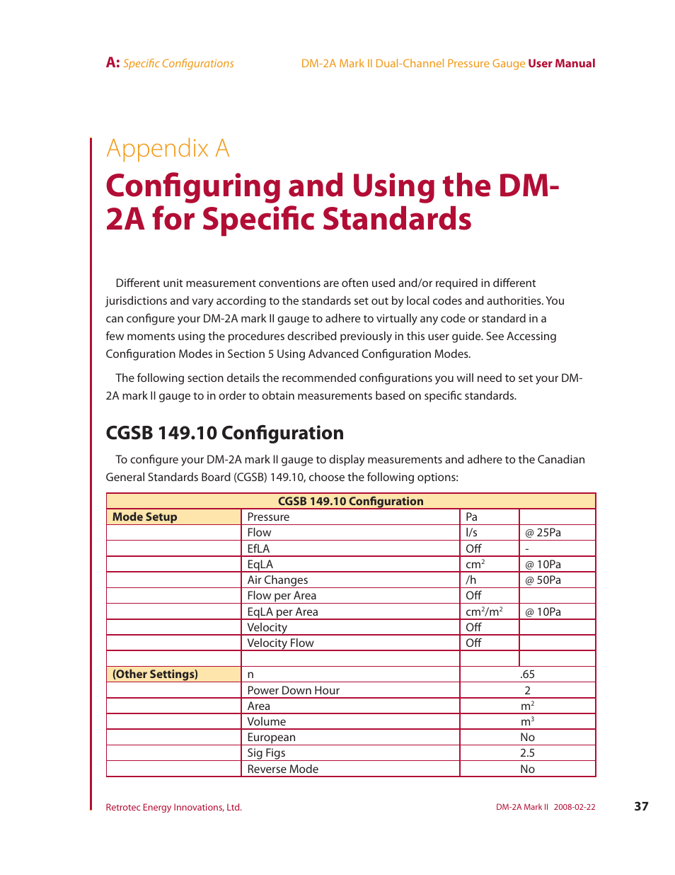 Appendix a, Cgsb 149.10 configuration | Retrotech DM-2A User Manual | Page 45 / 60