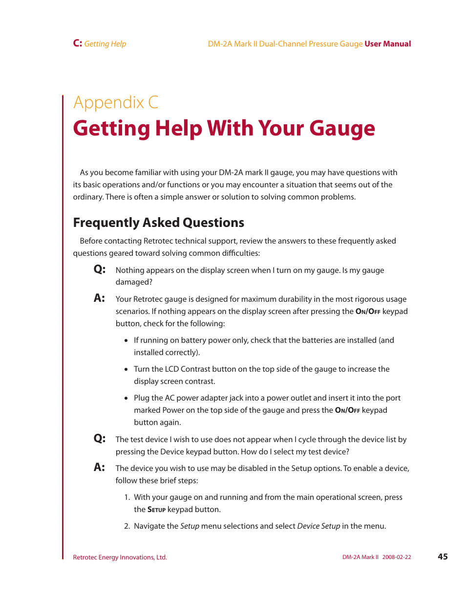 Appendix c, Getting help with your gauge, Frequently asked questions | Retrotech DM-2A User Manual | Page 53 / 60