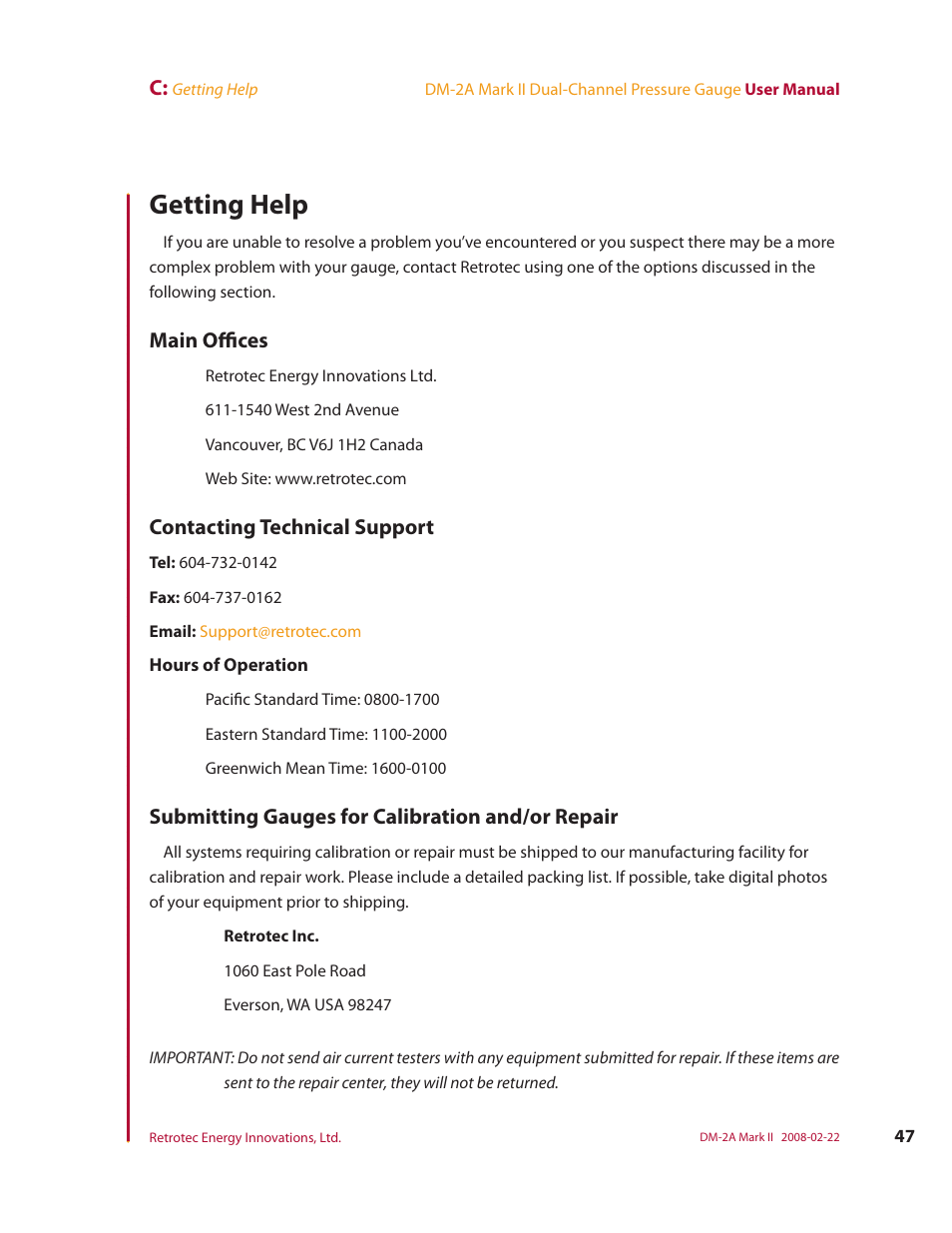 Getting help, Main offices, Contacting technical support | Submitting gauges for calibration and/or repair | Retrotech DM-2A User Manual | Page 55 / 60