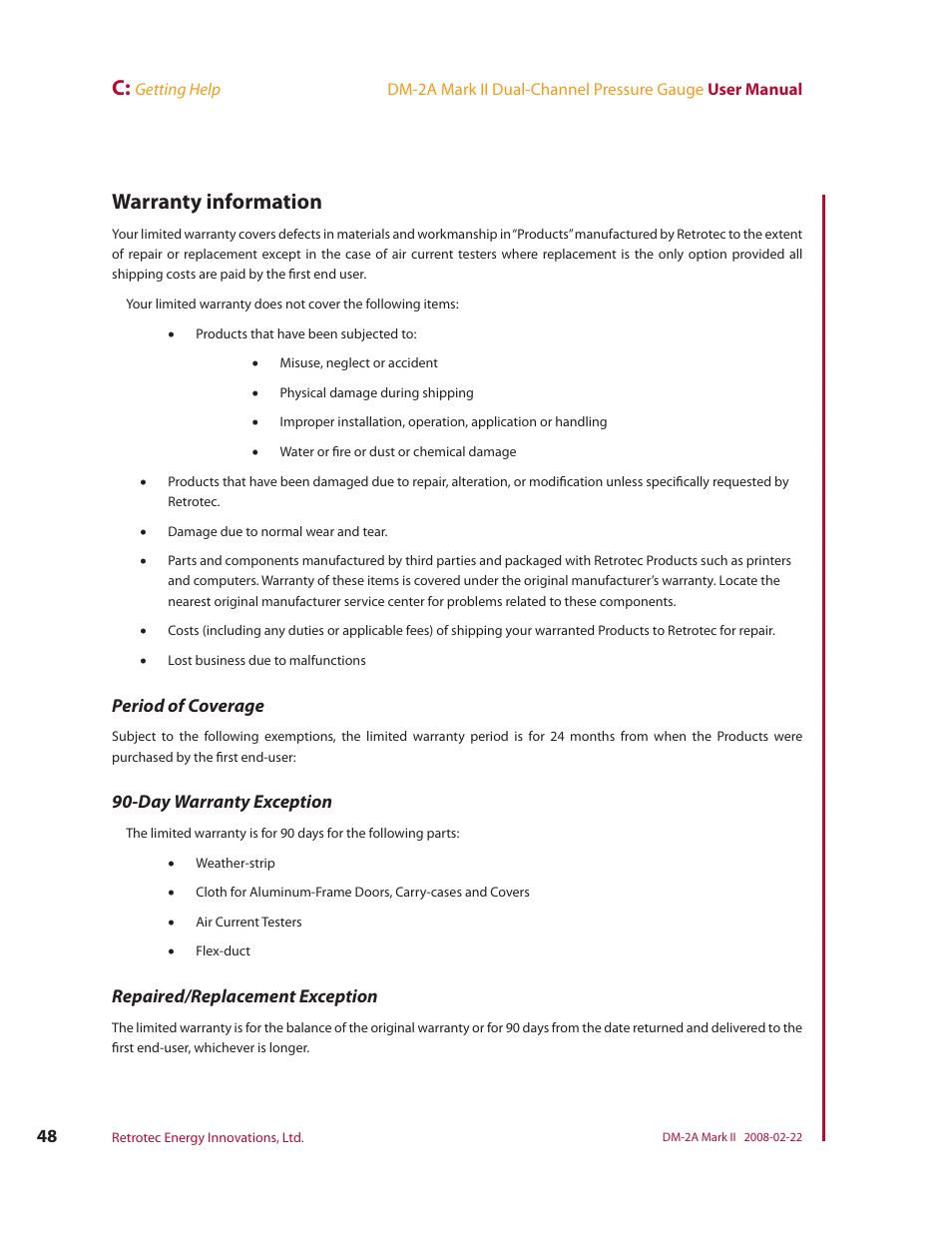 Warranty information, Period of coverage, Day warranty exception | Repaired/replacement exception | Retrotech DM-2A User Manual | Page 56 / 60