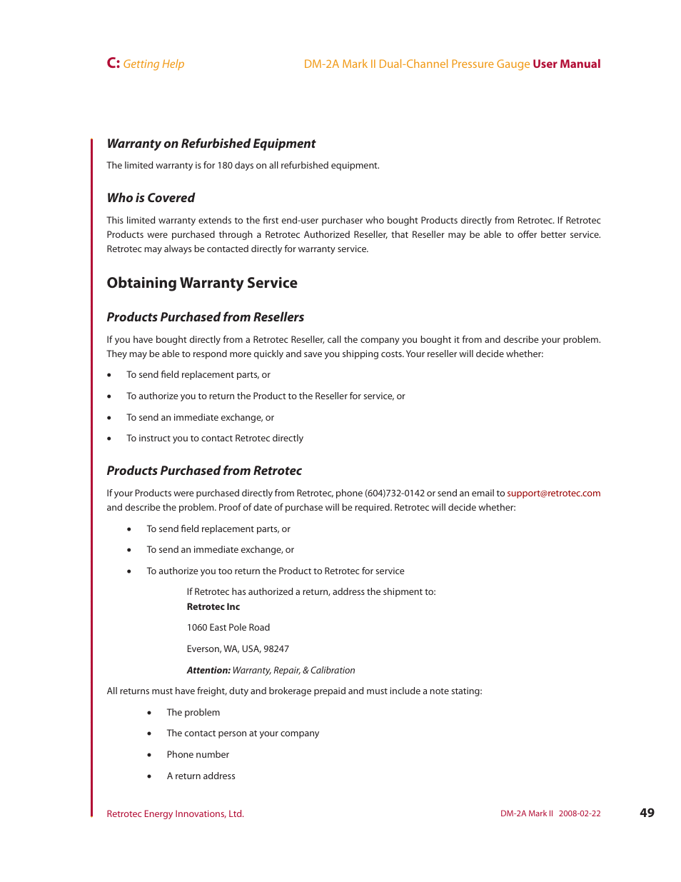Warranty on refurbished equipment, Who is covered, Obtaining warranty service | Products purchased from resellers, Products purchased from retrotec | Retrotech DM-2A User Manual | Page 57 / 60