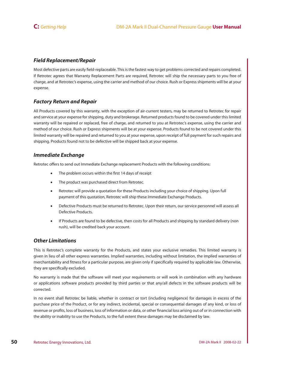 Field replacement/repair, Factory return and repair, Immediate exchange | Other limitations | Retrotech DM-2A User Manual | Page 58 / 60