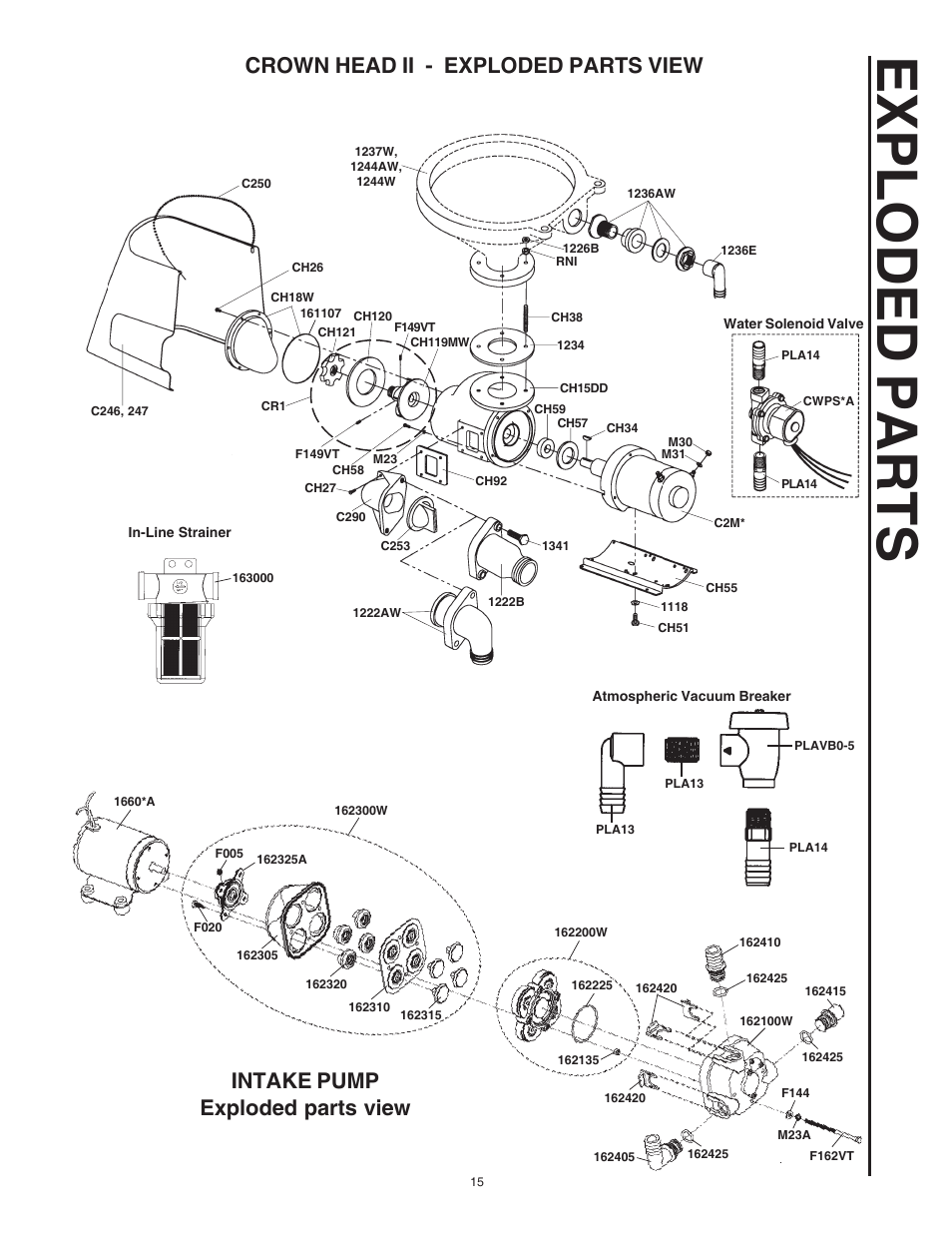 Exploded parts, Crown head ii - exploded parts view, Intake pump exploded parts view | Raritan Engineering Crown Head II User Manual | Page 15 / 16