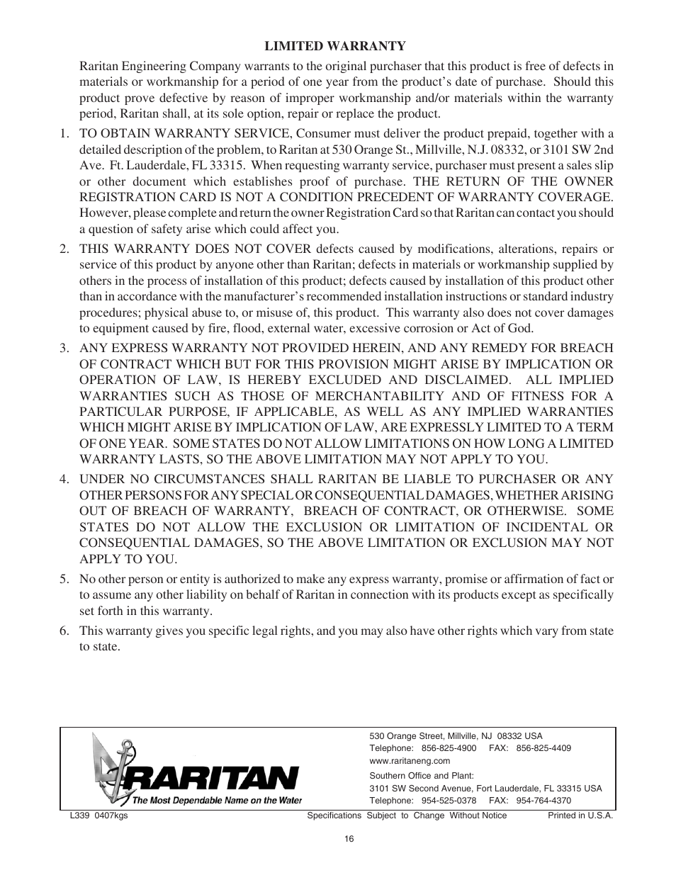 Raritan Engineering Crown Head II User Manual | Page 16 / 16