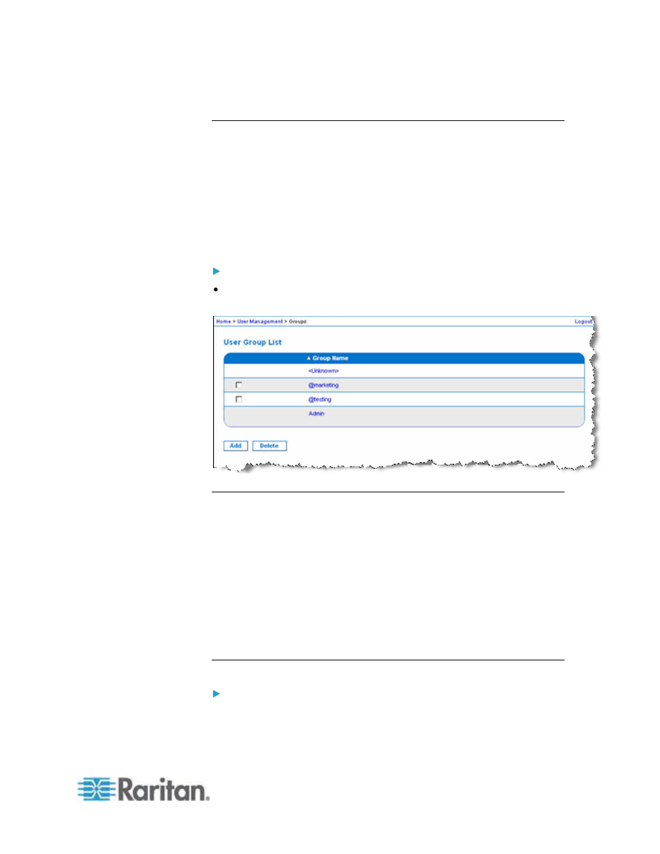 User group list, To list the user groups, Relationship between users and groups | Adding a new user group, To add a new user group | Raritan Engineering KX2-864 User Manual | Page 106 / 321