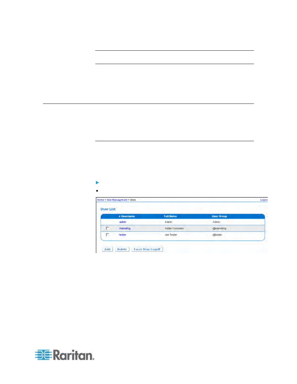 Users, User list, To view the list of users | Raritan Engineering KX2-864 User Manual | Page 114 / 321