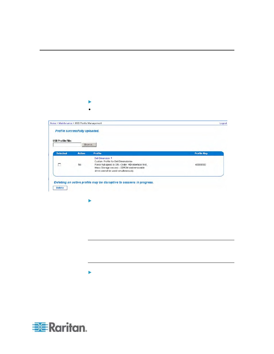Usb profile management, To upload a custom profile to your dominion kx ii, To delete a custom profile to your dominion kx ii | Raritan Engineering KX2-864 User Manual | Page 204 / 321