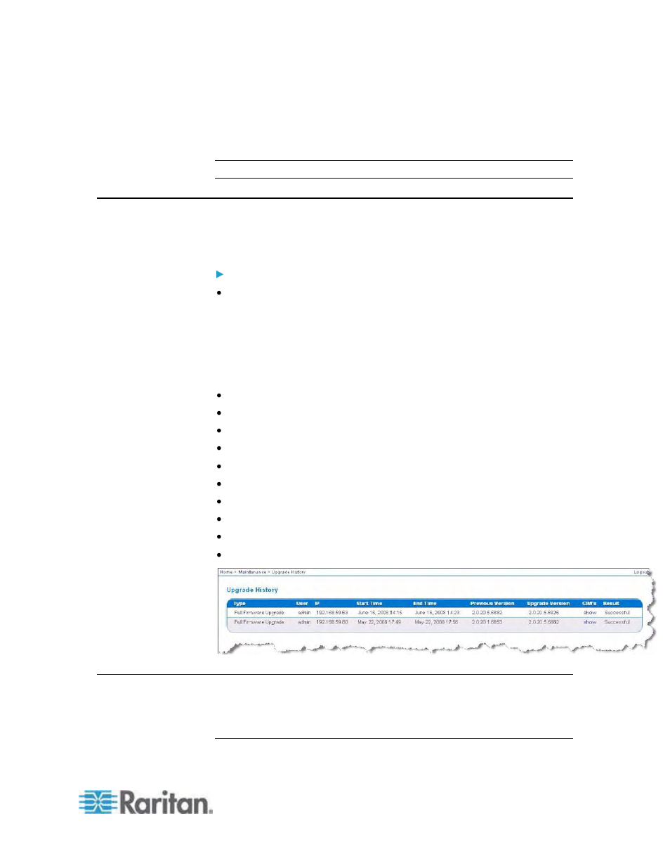 Upgrade history, To view the upgrade history, Rebooting | Upgrade history rebooting | Raritan Engineering KX2-864 User Manual | Page 208 / 321