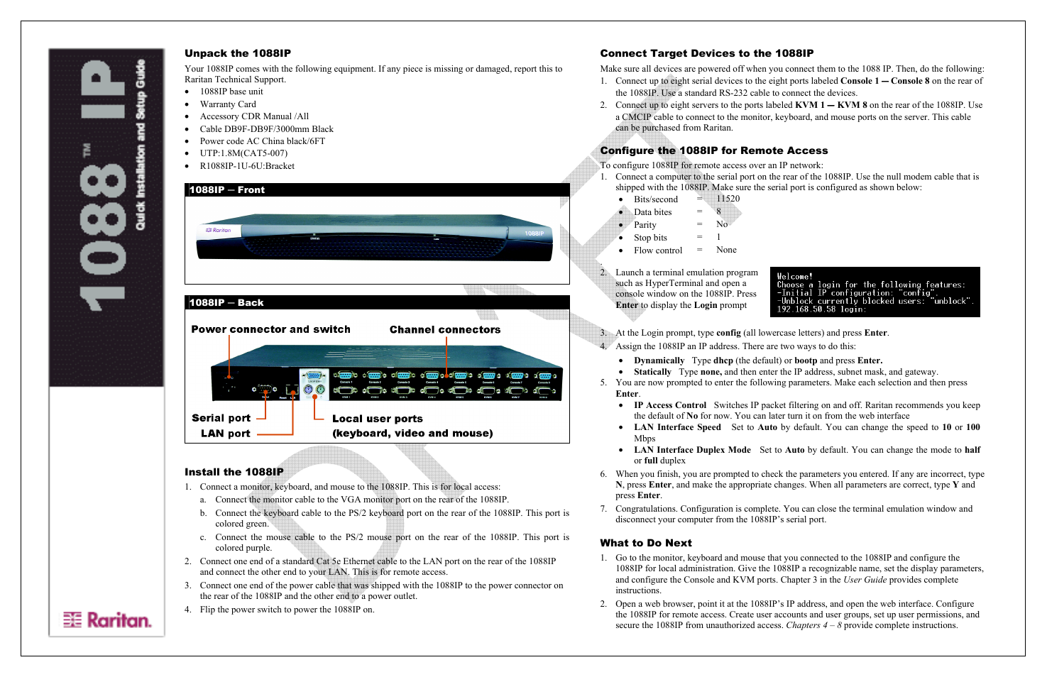 Raritan Engineering Front 1088IP User Manual | 1 page