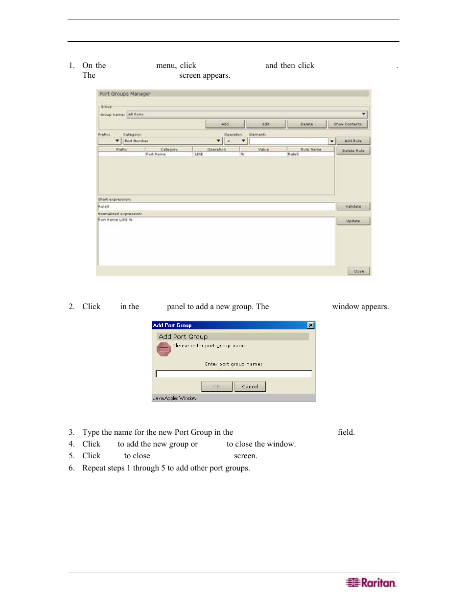 Port group manager, Add port group, Figure 112 port groups manager screen | Figure 113 add port group window | Raritan Engineering Command Center CC-SG User Manual | Page 107 / 270