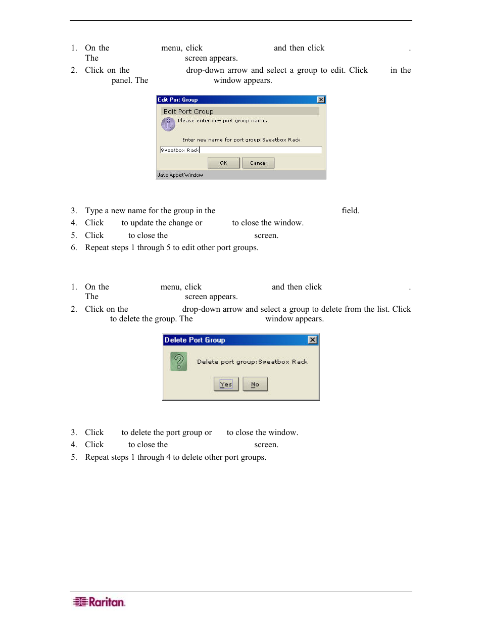 Edit port group, Delete port group, Figure 114 edit port group window | Figure 115 delete port group window | Raritan Engineering Command Center CC-SG User Manual | Page 108 / 270