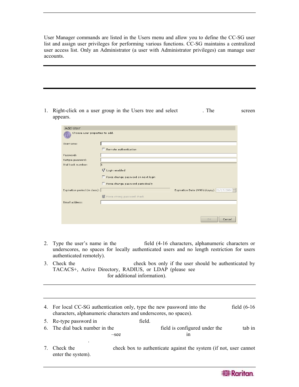 Chapter 7: adding users and user groups, Add user, Figure 116 add user screen | Raritan Engineering Command Center CC-SG User Manual | Page 109 / 270