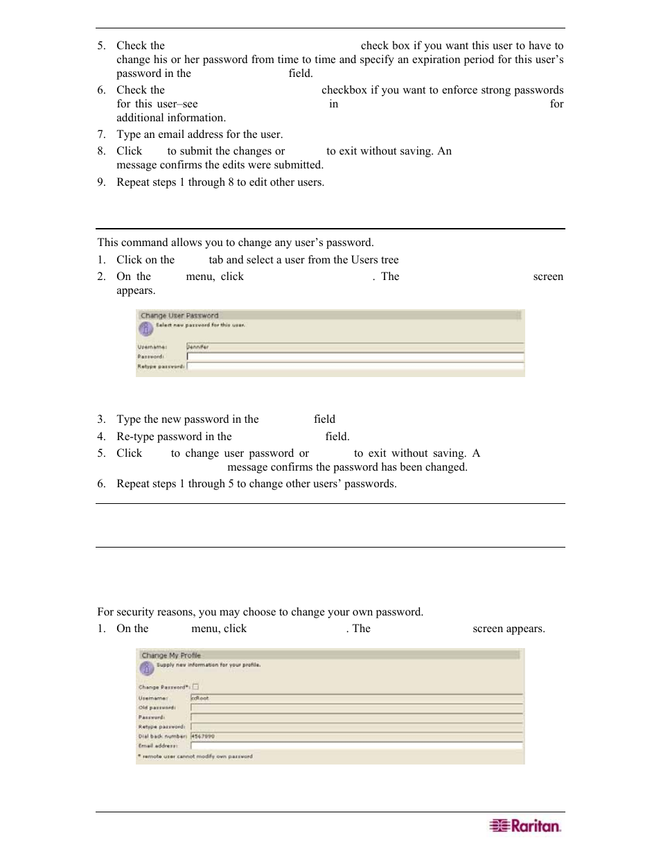 Change user password, Change own password, Figure 118 change user password screen | Figure 119 change my profile screen | Raritan Engineering Command Center CC-SG User Manual | Page 111 / 270